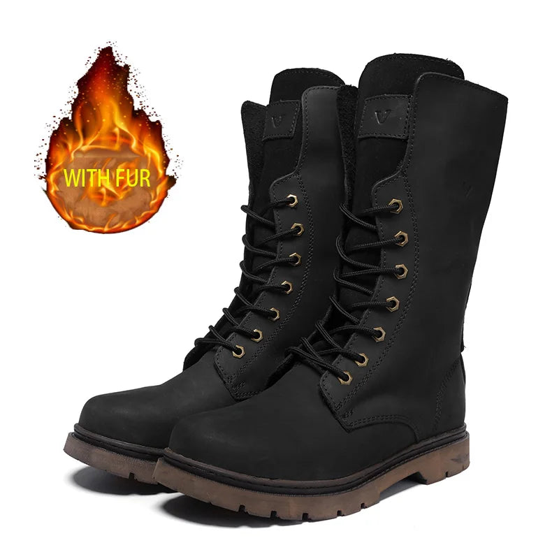 Cow Leather Men's Hiking boots Motorcycle Boots waterproof high top Combat Boots Gothic Belt Punk Boots Men Tactical Sneakers