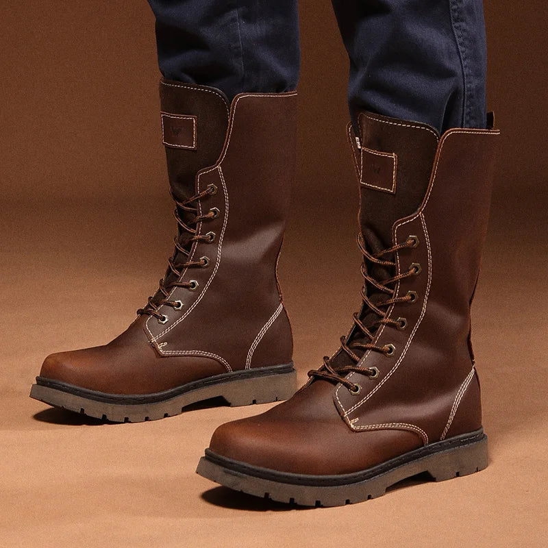 Cow Leather Men's Hiking boots Motorcycle Boots waterproof high top Combat Boots Gothic Belt Punk Boots Men Tactical Sneakers