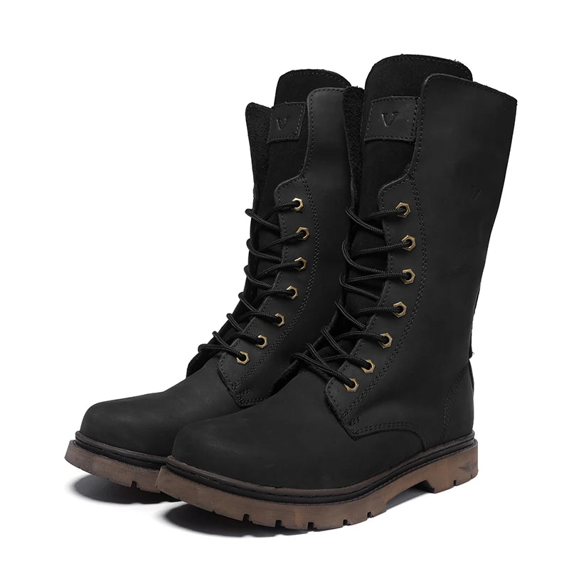 Cow Leather Men's Hiking boots Motorcycle Boots waterproof high top Combat Boots Gothic Belt Punk Boots Men Tactical Sneakers