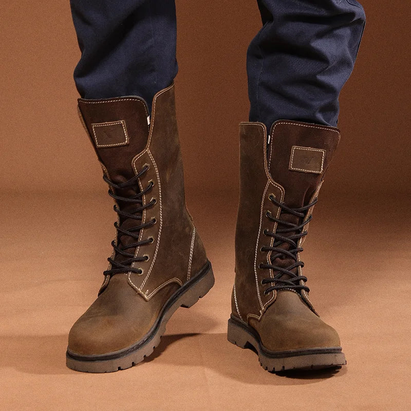 Cow Leather Men's Hiking boots Motorcycle Boots waterproof high top Combat Boots Gothic Belt Punk Boots Men Tactical Sneakers