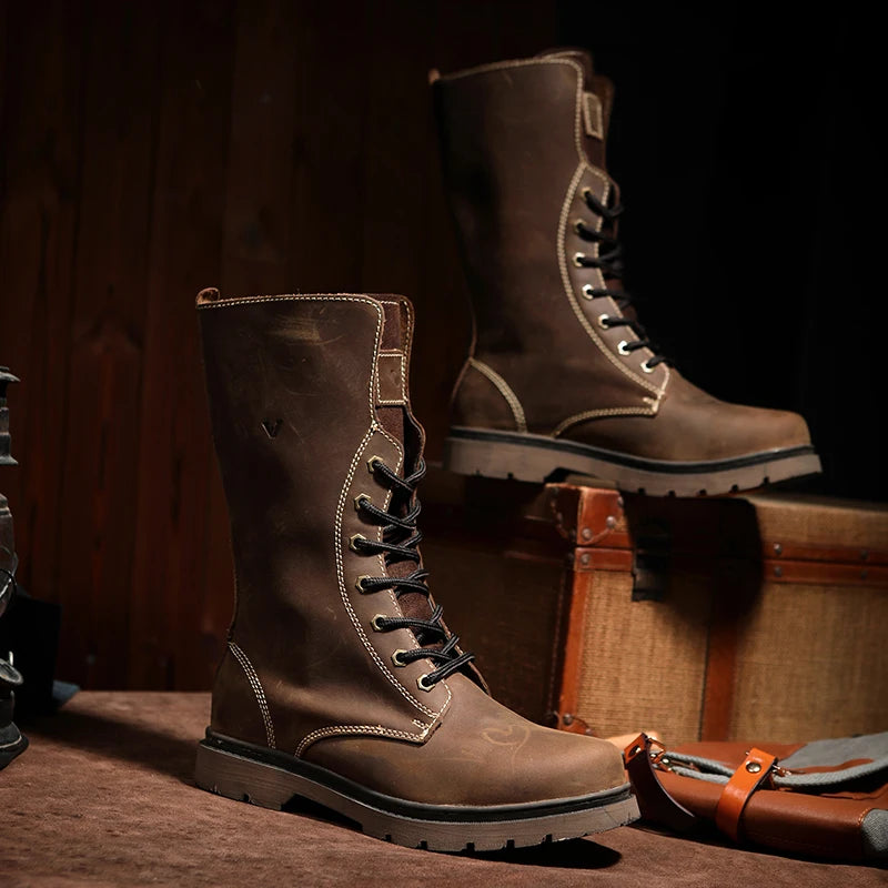 Cow Leather Men's Hiking boots Motorcycle Boots waterproof high top Combat Boots Gothic Belt Punk Boots Men Tactical Sneakers