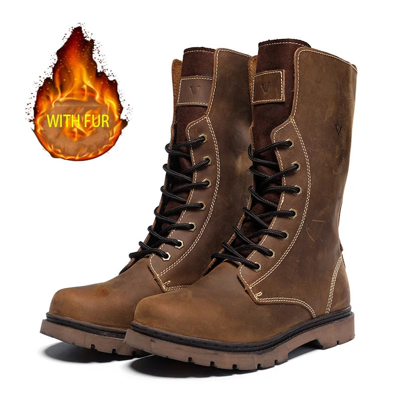 Cow Leather Men's Hiking boots Motorcycle Boots waterproof high top Combat Boots Gothic Belt Punk Boots Men Tactical Sneakers