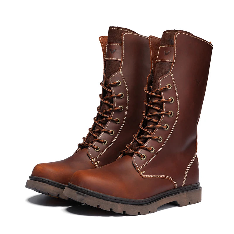 Cow Leather Men's Hiking boots Motorcycle Boots waterproof high top Combat Boots Gothic Belt Punk Boots Men Tactical Sneakers