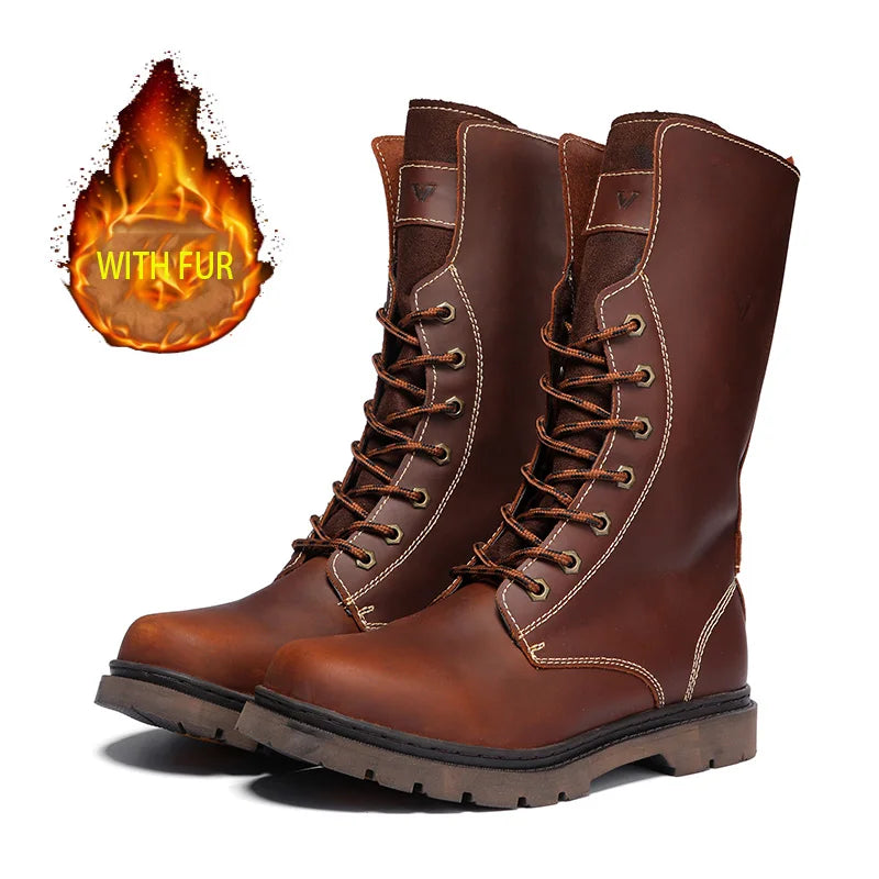 Cow Leather Men's Hiking boots Motorcycle Boots waterproof high top Combat Boots Gothic Belt Punk Boots Men Tactical Sneakers