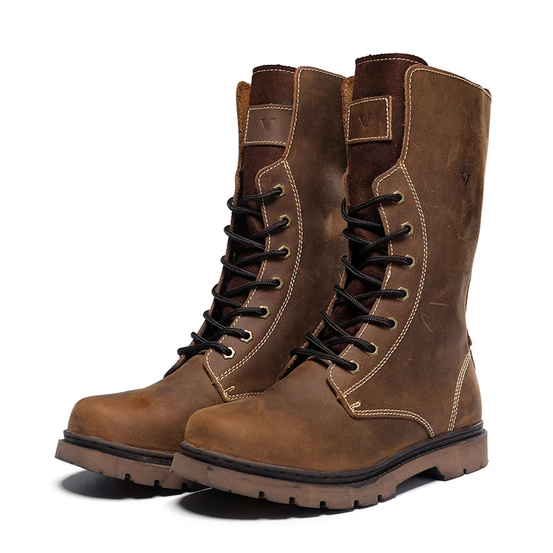 Cow Leather Men's Hiking boots Motorcycle Boots waterproof high top Combat Boots Gothic Belt Punk Boots Men Tactical Sneakers